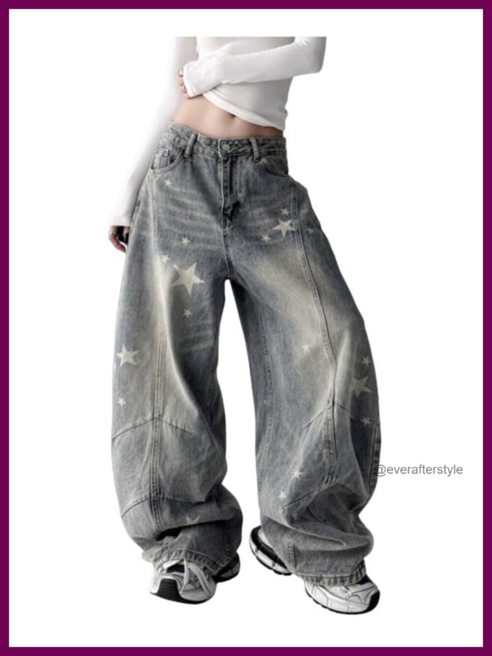 Barrel Leg Low Rise Baggy Star Print Denim Jeans Women Comfort Stretch